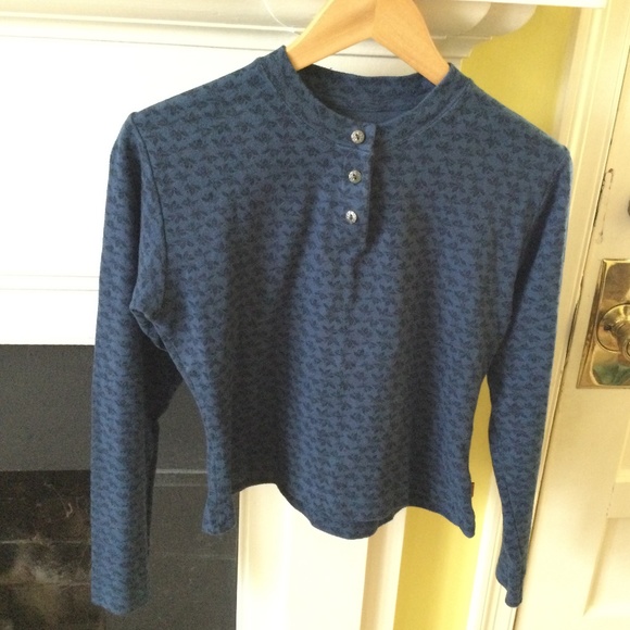 Vintage Oobe Henley Leaf Print Blue Black Henley Top - Sz Small - Picture 1 of 11